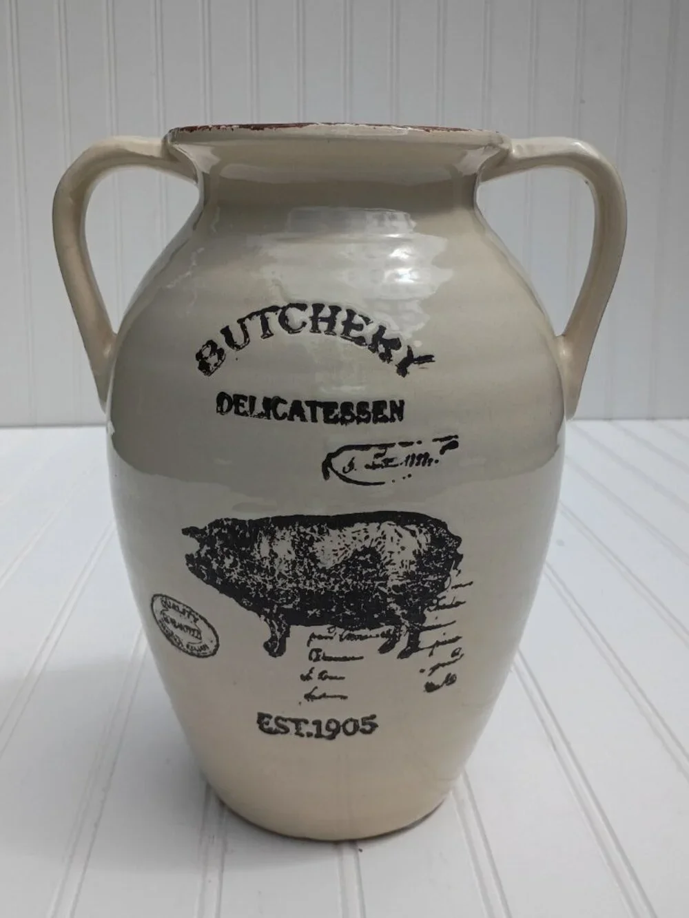 Farmhouse Ceramic Pig Vase Butchery Delicatessen Double Handle Jug Country 10.5